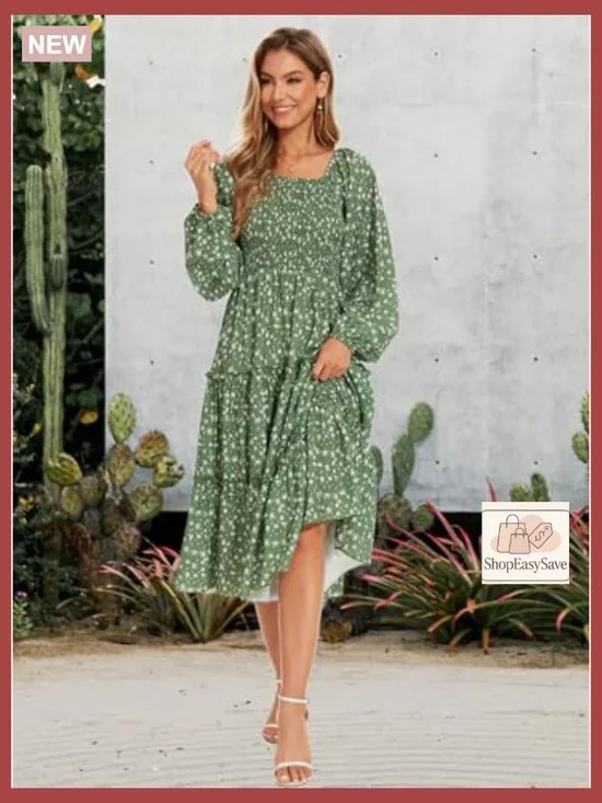 Boho Floral Midi Dress with Puff Sleeves Smocked Waist and Pockets - Picture 6 of 7